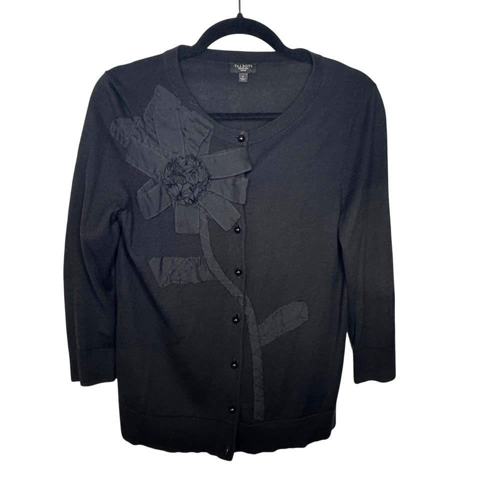 Talbots Black Floral Applique Cardigan Sweater Womens Small Petite Silk Cotton